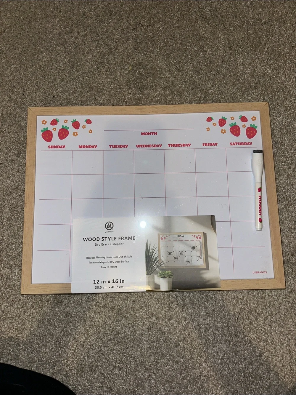 Strawberry Wood-Style Frame Dry Erase Monthly Calendar - Pink Accent